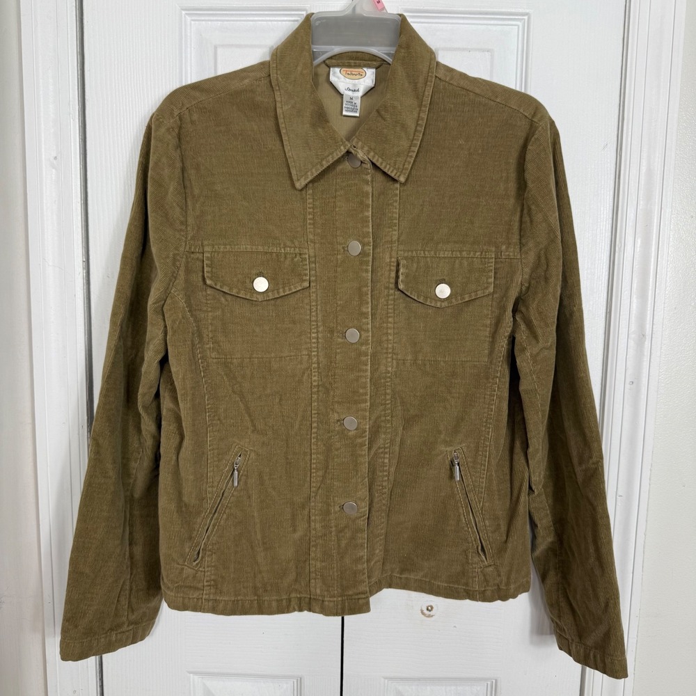 Talbots Corduroy Jacket Size M Olive Tan Utility Gorpcore Trucker Stretch